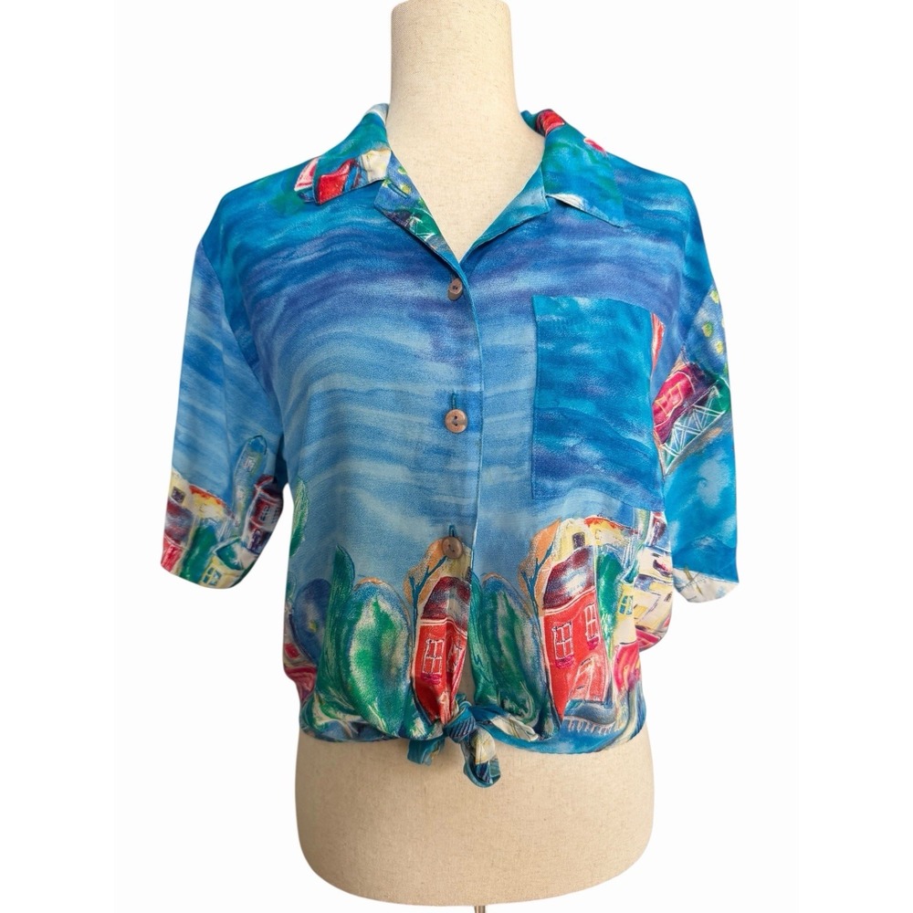 Vintage St. Germain Paris Blouse Sz XS Watercolor Landscape Artsy‎ Travel Cruise